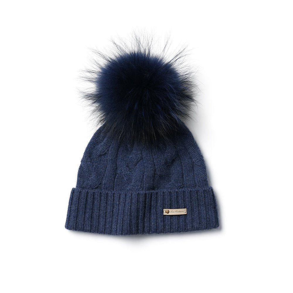 POM POM - 100% Cashmere Hat with Cabled Design