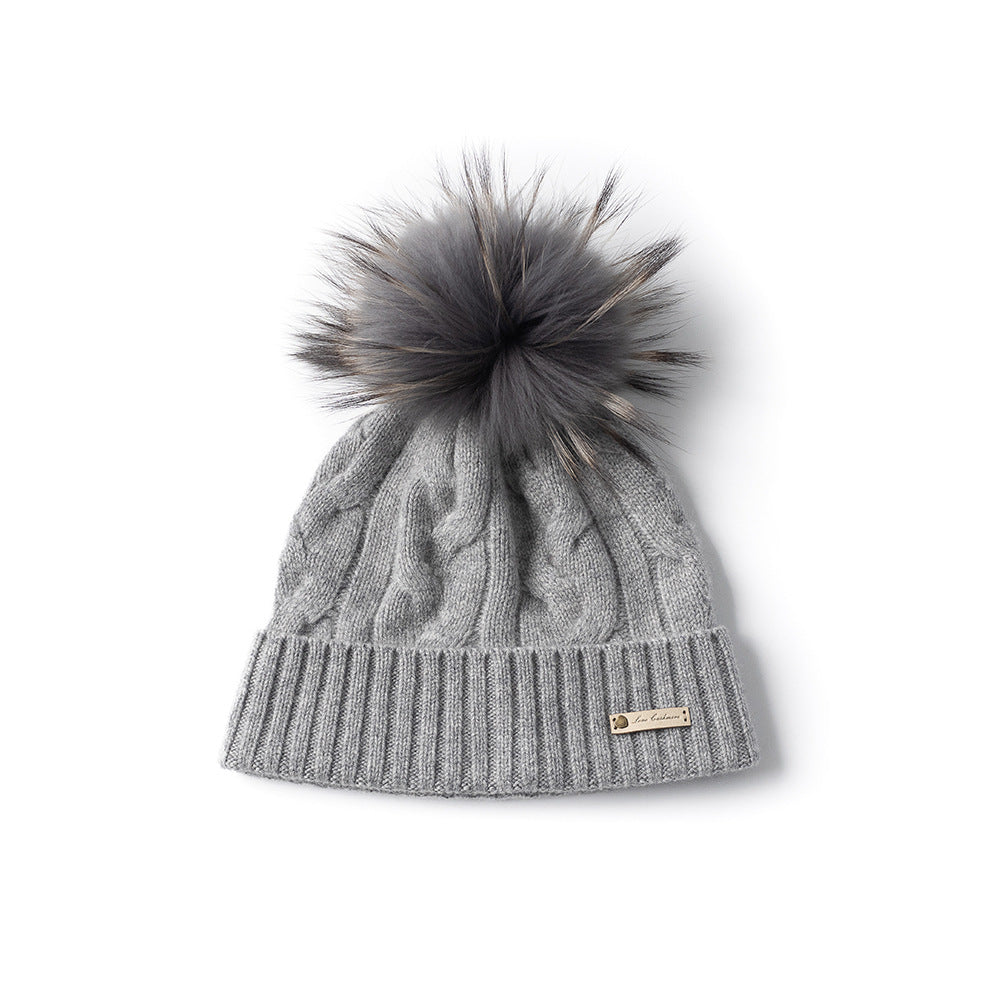 POM POM - 100% Cashmere Hat with Cabled Design