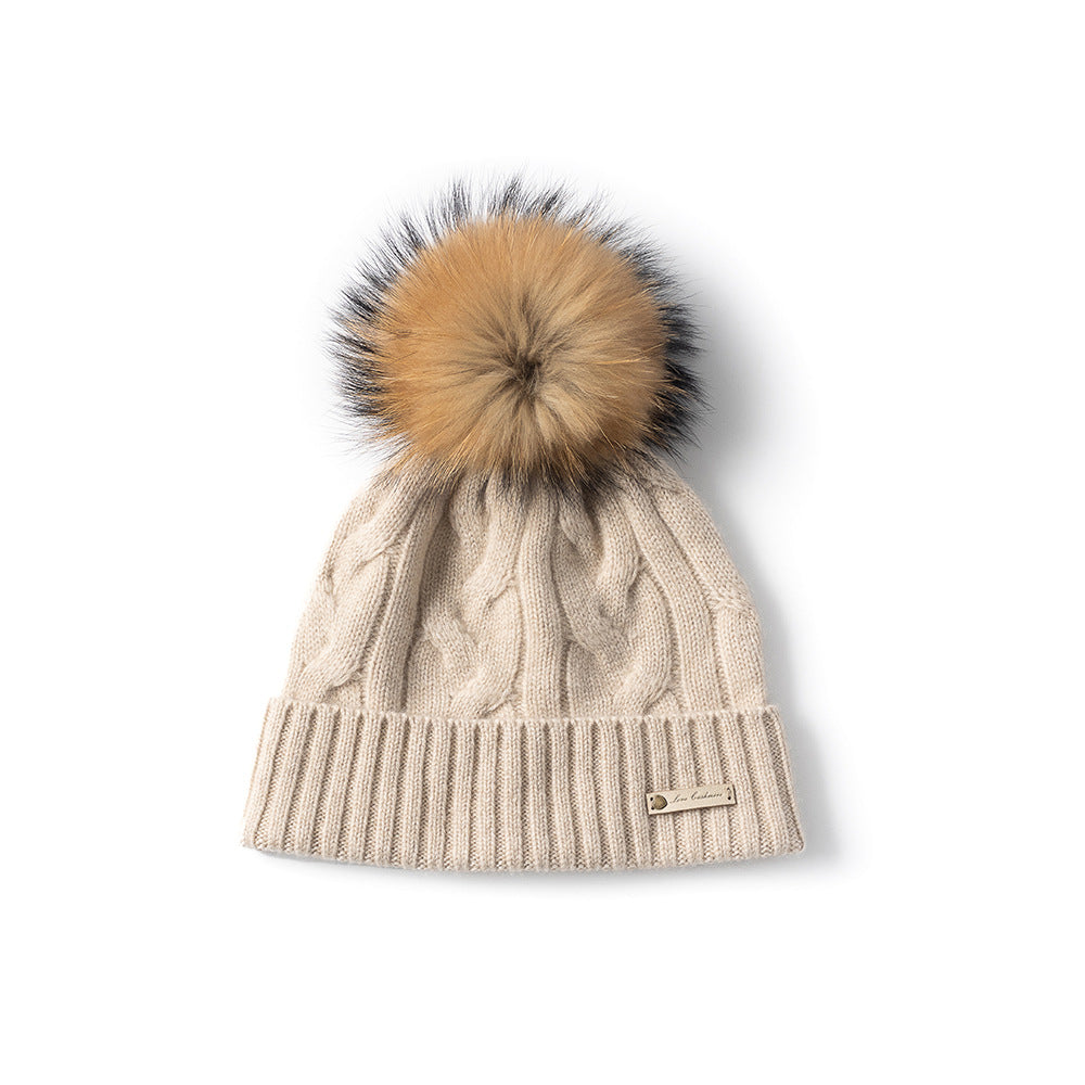 POM POM - 100% Cashmere Hat with Cabled Design