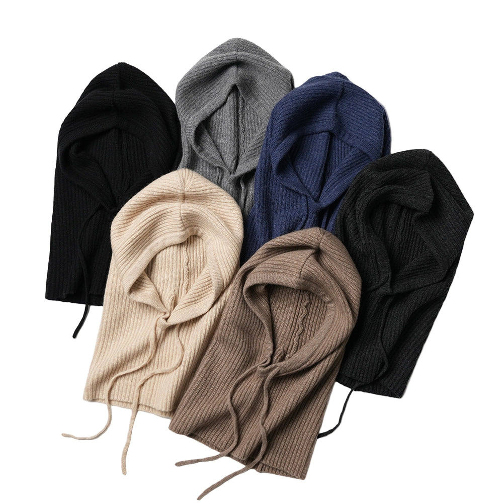 A collection of ribbed knitted balaclavas in various colors including black, navy, beige, brown, and gray, all featuring a hood with a drawstring.