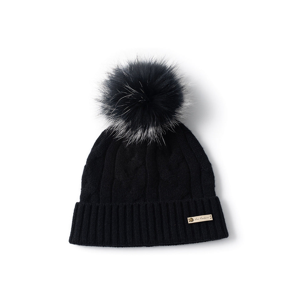 POM POM - 100% Cashmere Hat with Cabled Design