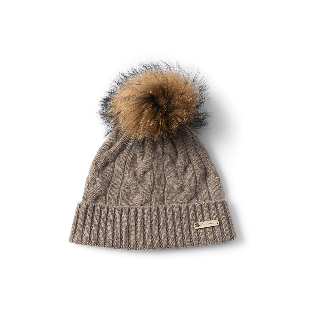 POM POM - 100% Cashmere Hat with Cabled Design